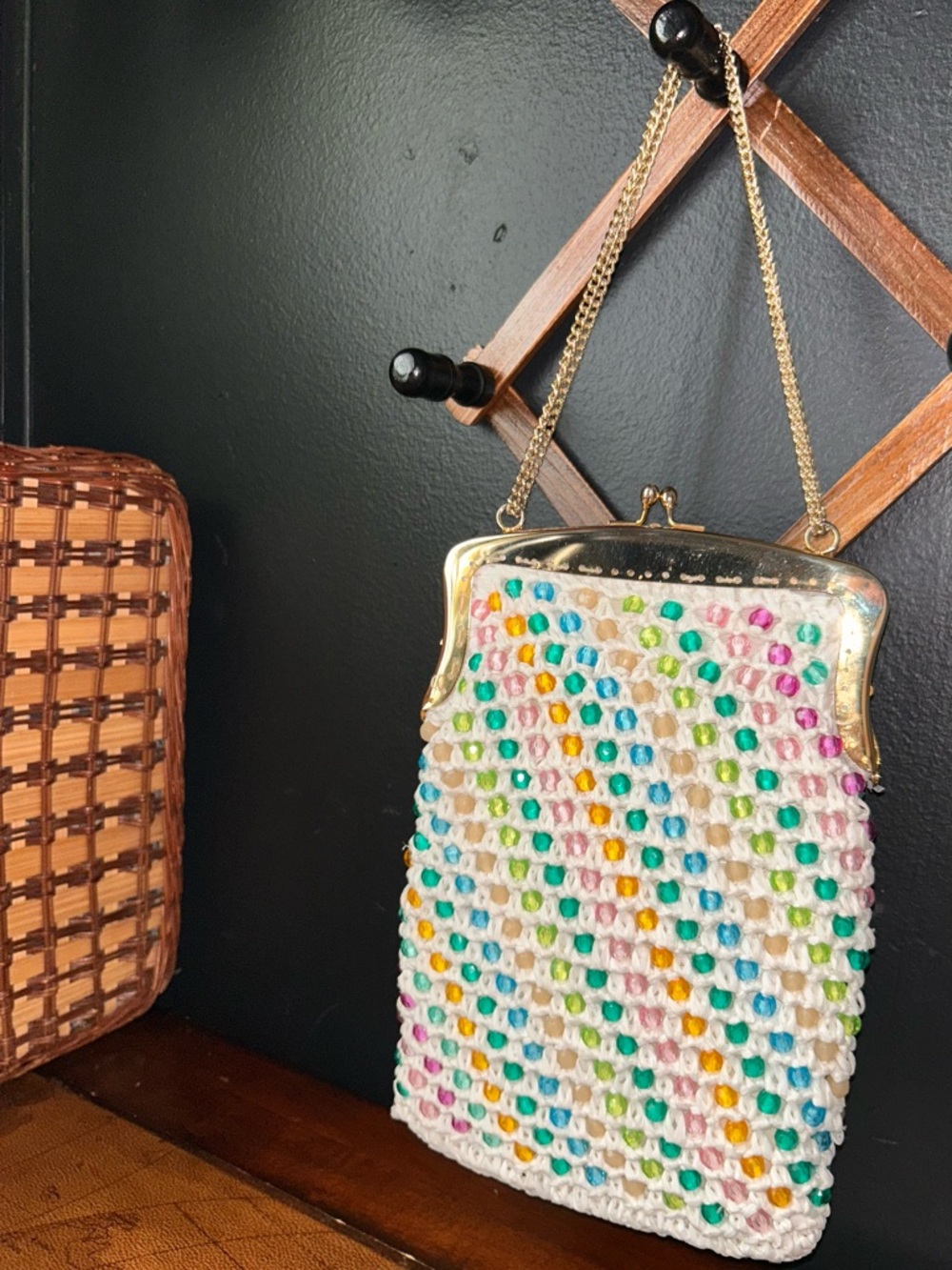 White Crochet Kisslock Mini Bag with Multicolor Bead Accents and Gold Chain